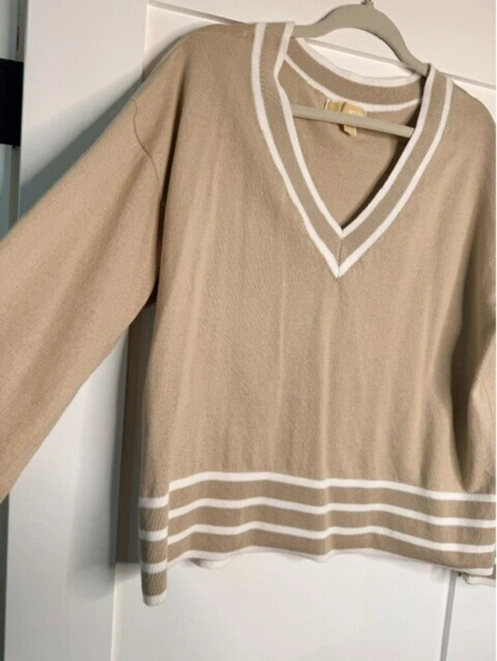 Michael Kors Women's Sweater Large Beige White Stripe V Neck Varsity Pullover